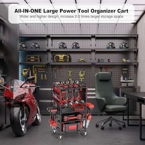 JUNNUJ Garage Large Power Tool Organizer Cart with 20A Charing Station, Heavy Duty Drill and Tools Battery Holder Storage Rack, Floor Standing Rolling Tool Cart on Wheels, Red - Image 6