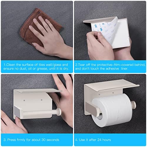 VAEHOLD Self Adhesive Toilet Paper Holder with Phone Shelf SUS 304 Stainless Steel Wall Mounted Toilet Paper Roll Holder - Rustproof and Bathroom Washroom Tissue Roll Holder with Shelf -Beige - Image 6