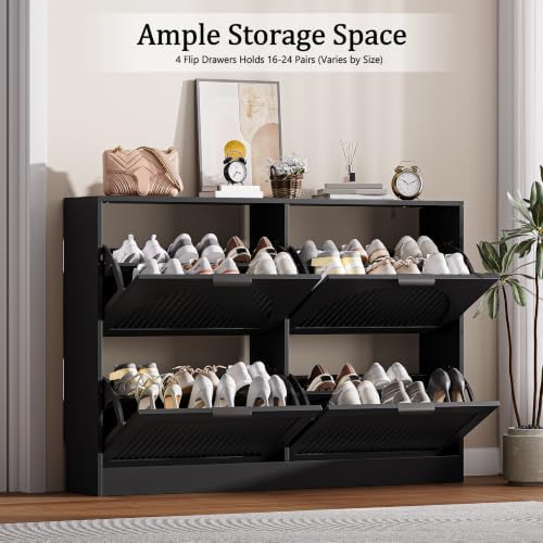 Fluted Shoe Storage Cabinet for Entryway, 4 Flip Drawers, Black - Image 3