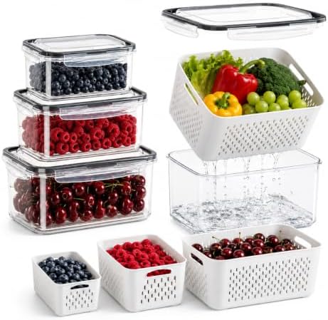 8 PCS Fruit Storage Containers for Fridge with Removable Colander and Lid by Susbie