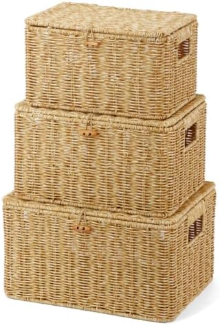 Nonam Wicker Storage Basket With lid,Stackable Plastic Bin (Natural,S+M+L) by Home