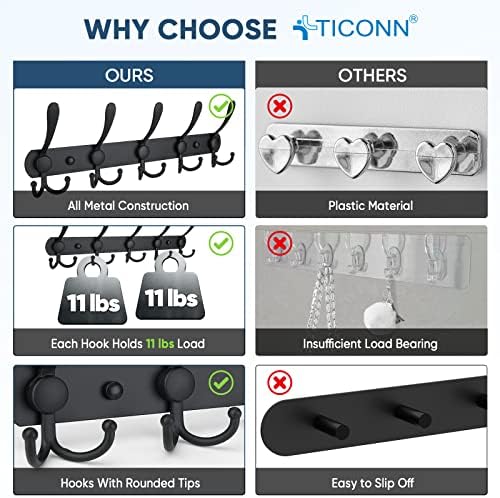 TICONN Wall Mounted Coat Rack, Five Heavy Duty Tri Hooks All Metal Construction for Jacket Coat Hat in Mudroom Entryway (Matte Black, 1-Pack) - Image 3