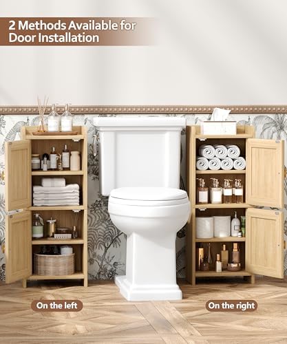 Akxomel Rattan Small Bathroom Cabinet Narrow Toilet Paper Organizer Oak - Image 6
