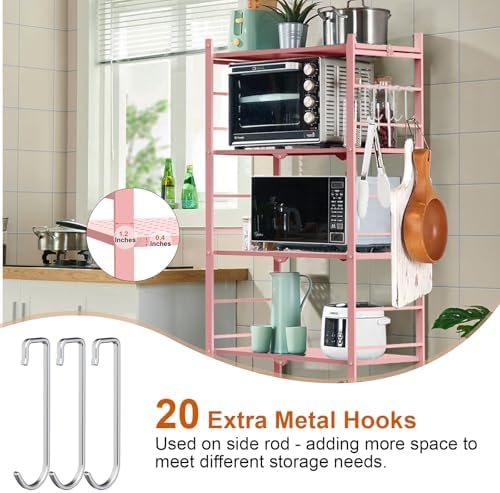 Himix 5-Tier Folding Storage Shelves with 20 Hooks Wheels Home Pink - Image 4