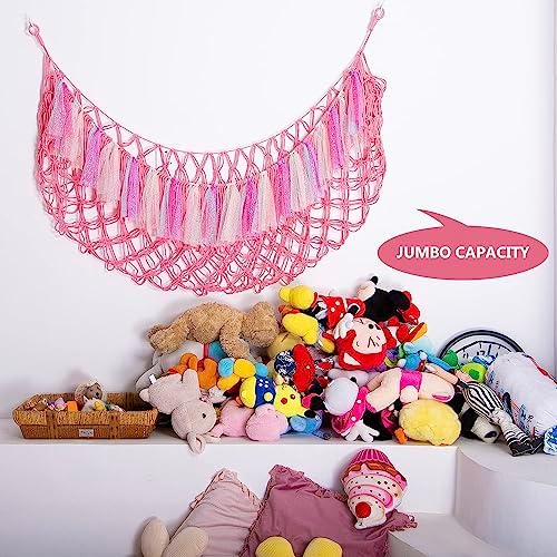 Jumbo Toy Hammock for Stuffed Animal Net Boho Macrame Toy Hammock with Led Light Stuffed Animal Storage Ideas Plush Toy Display Squishmallow Holder Net-Pink - Image 4