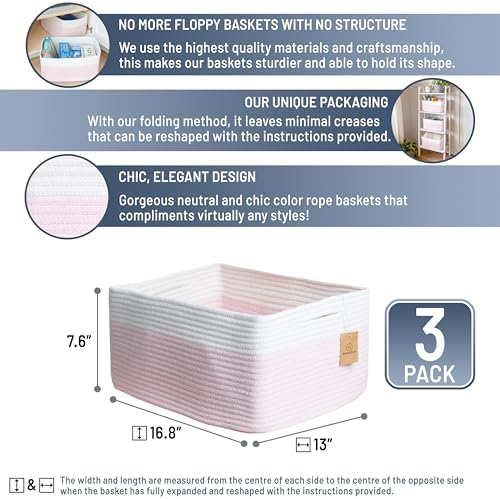 NaturalCozy Storage Baskets 16.8”x13”x7.6” Cotton Rope Woven Baskets for Organizing 3-Pack | Toy Storage Bins | Basket for Shelves, Laundry, Blanket, Clothes, Closet, Kitchen, Bathroom, Gifts - Image 2
