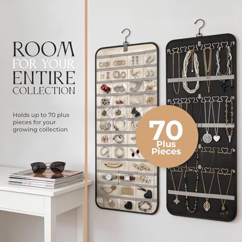 Hanging Jewelry Organizer Storage with Hanger Metal Hooks Double-Sided Jewelry Holder- Wall Mount Holder for Earrings, Necklaces, Rings on Closet, Wall, Door, 1 piece, Large, Charcoal Black - Image 5
