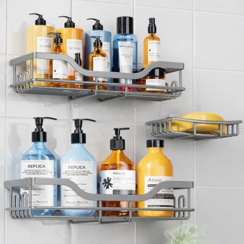 OMAIRA 3-Pack Shower Caddy with Soap Holder, Adhesive Rustproof No-drill Strudy Loading Inside Shower Organizer Shelves Rack Storage Bathroom Organization for Smooth Wall Glass Tile, Grey by OMAIRA