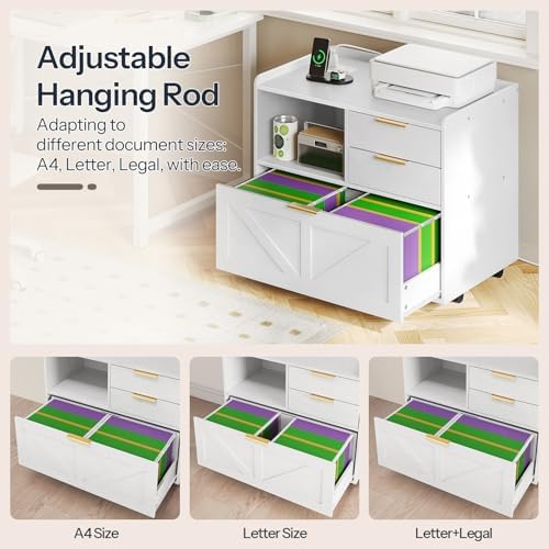 HOOBRO Lateral File Cabinet, Wooden Office Storage Drawers with Charging Station, Filing Cabinet for Home Office, A4/Letter/Legal-Sized Files, Printer Stand with Open Storage Spaces, White WT37UWJ01 - Image 5