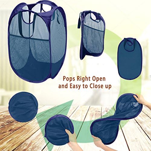 HOUSE AGAIN Strong Mesh Pop Up Laundry Hamper, 70L Collapsible Laundry Basket with Steel Frame, Double‑Stitched Handles & Side Pocket, Foldable Dirty Clothes Hamper for Dorm, Bedroom, Blue - Image 6