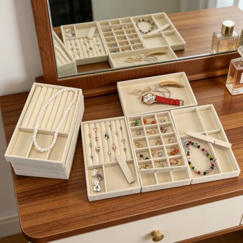 Jewelry Trays,Velvet Stackable Organizer Trays,Drawer Inserts Jewelry Display Case For Rings Stud Necklaces Earring Organizer Tray for Women Girls-8 Pack (Beige) - Image 3