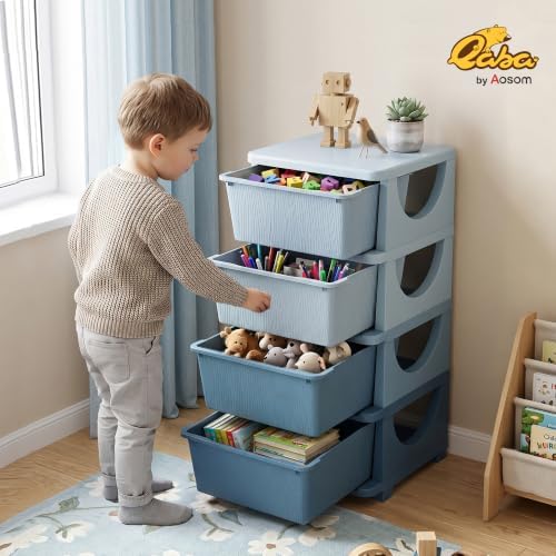Qaba 4 Drawers Kids Storage Unit 4 Tier Toy Organizers Blue - Image 2