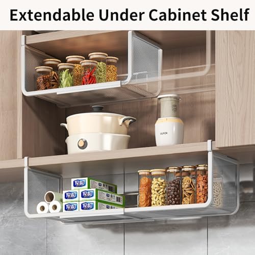 Expandable Under Shelf Basket Organizer, Under Shelf Storage, Hanging Baskets Under Cabinet for Pantry Kitchen Cupboard Desk Counter Bookshelf Space Saver Heavy Duty Slide-in (white, 1 Pack) - Image 2