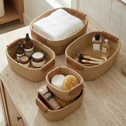 Beautiful Storage Basket Set of 5 - Sturdy Jute Rope Baskets for Shelves by ZICOTO