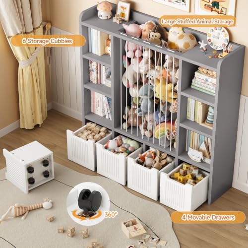 ONBRILL 3-in-1 Toy & Stuffed Animal Storage, 4 Movable Toy Chest, Grey - Image 3