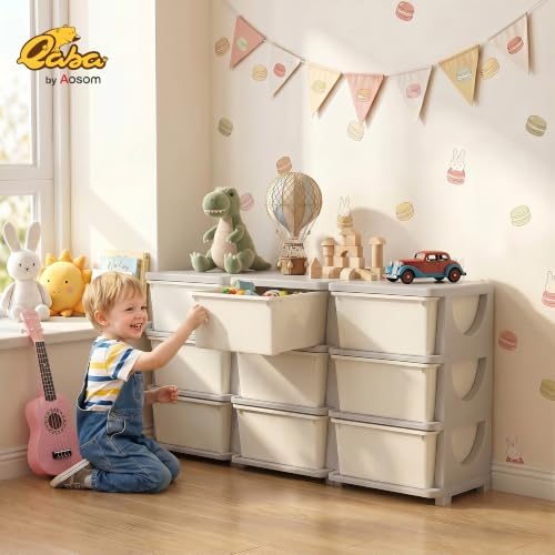 Qaba 9 Drawers Kids Storage Unit 3 Tier Toy Organizers Cream White - Image 2