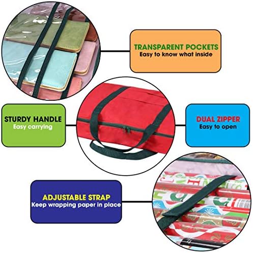 Christmas Wrapping Paper Storage Bag with Pockets | Gift Wrap Organizer Container | 37” x 14” x 4” | Underbed Durable Box Made of 600D Oxford Material (Red) - Image 2