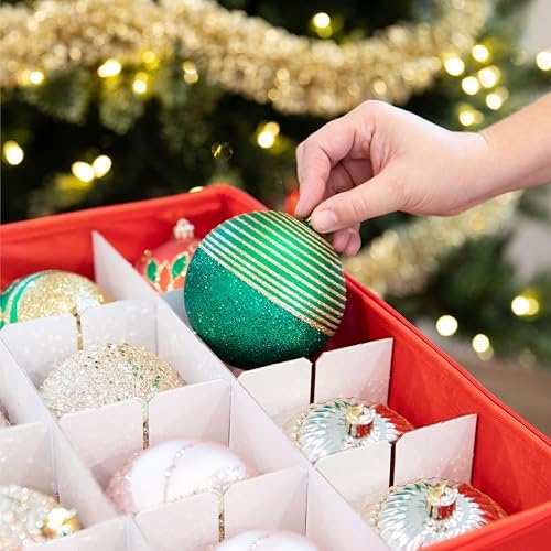 Christmas Ornament Storage Container with Dividers - Box Stores Up to 96 Ornaments, Zippered, Convenient, Adjustable, Large Organizer Bin to Protect Holiday Décor, Fits Most Standard Size, Red - Image 5