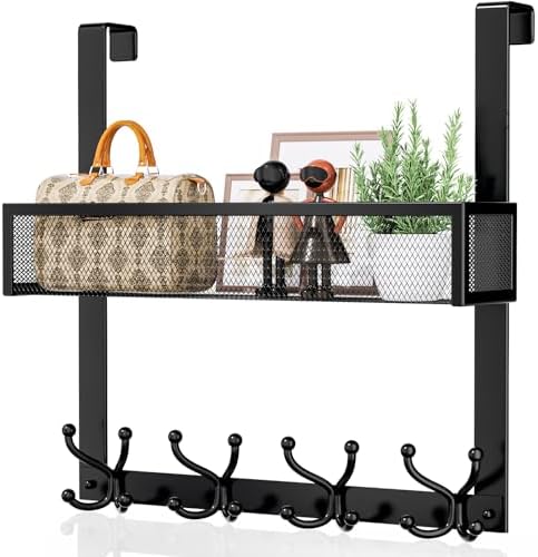 Consumest Over The Door Hooks Organizer - 2 Tier Over Door Hanger with 16 Hooks & 2 Baskets for Hanging Coat, Clothing, Towel, Back Storage for Bathroom, Closet, College Dorm, Black by Consumest
