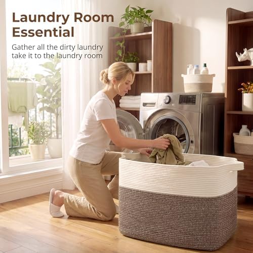 OIASKET 108L Cotton Rope Storage Basket for Living Room and Bedroom 25"x16"x16" Woven Laundry Basket, Heavy Duty Bin for Blankets, Pillows & Toys, Pet-Safe & Scratch-Free, Dark Brown and White - Image 6