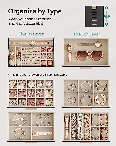 SONGMICS Jewelry Box Organizer, 6-Layer Storage with 5 Drawers, Glass Lid - Image 3