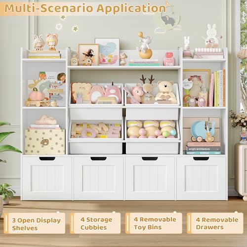 Toy Storage Organizer, Toy Organizer with 4 Movable Drawers and 4 Box Bins, Kids Playroom Storage Organization with Hidden Wheels for Living Room, Kids Room - Image 4