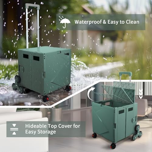 76L Folding Utility Cart Portable Rolling Crate Handcart Shopping Collapsible Tool Box with Stair Climbing Wheels,Hidden Lid,2 Rotate Wheels,for Grocery,Shopping,Office,Storage(Dark Green) - Image 6