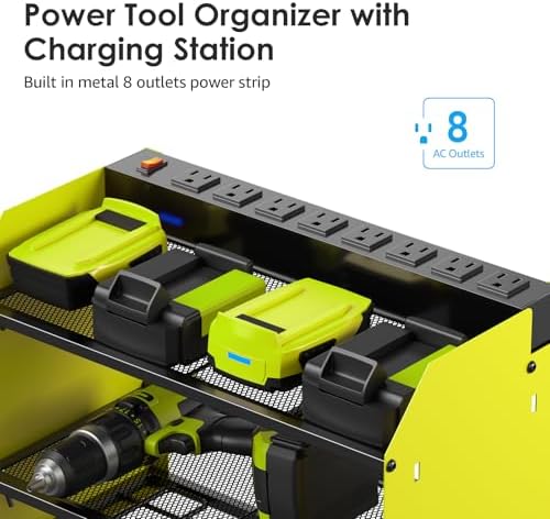 CCCEI Modular Power Tool Organizer Wall Mount Charging Station, Green 6 Drills Holder with 8 Plug Power Strip 6FT, Garage Drill Battery Heavy Duty Metal Shelf, Utility Rack with Hooks, Side Storage. - Image 2