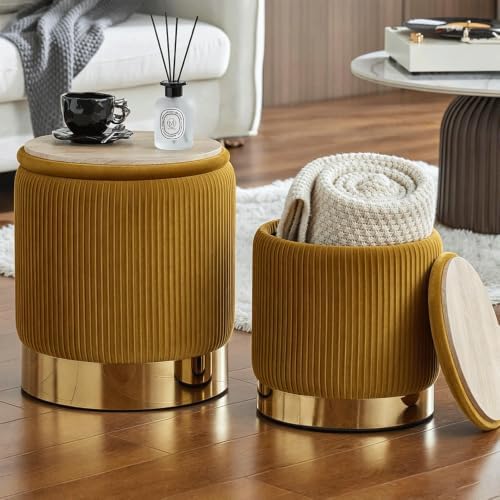 YYW HOME Round Ottoman with Storage, Yellow Velvet, Set of 2 - Image 2