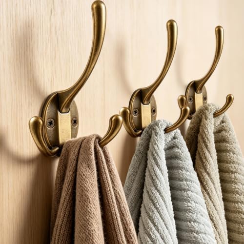 6 Pack Antique Brass Big Heavy Duty Three Prongs Coat Hooks for Thick Coat - Image 3