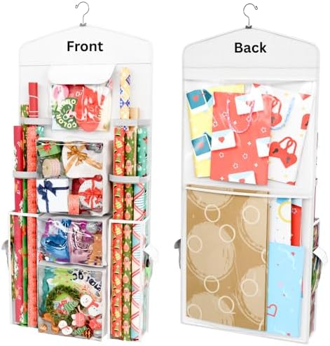 ProPik Hanging Double Sided Wrapping Paper Storage Organizer With Multiple Front And Back Pockets Organize Your Gift Wrap & Gift Bags Bows Ribbons 40”X17" Fits 40 Inch Rolls (White) by ProPik