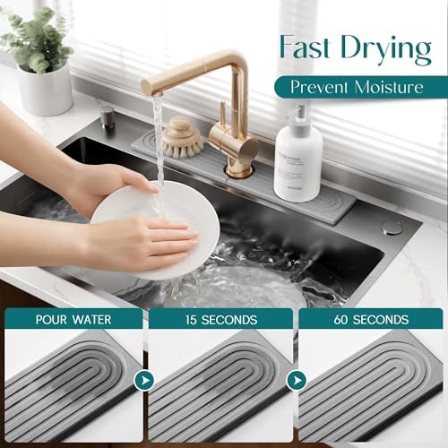 eormoe Faucet Mat for Kitchen Sink - Diatomaceous Earth Faucet Splash Guard, Fast Drying Sink Protector - Water Absorbing Stone for Bathroom Sink (Grey, 20'' x 3.9'') - Image 3