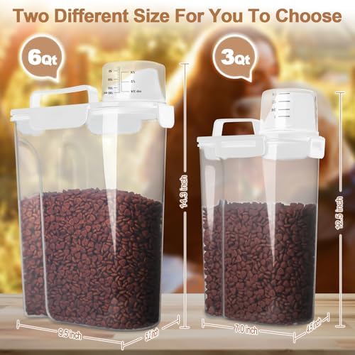 TIOVERY Dog Food Storage Container, 5-7 Lbs Airtight Pet Food Container, Cat food Container Dispenser with Portable Handle, Pouring Spout, Measuring Cup and a Collapsible bowl for Dogs Cats White/6Qt - Image 3