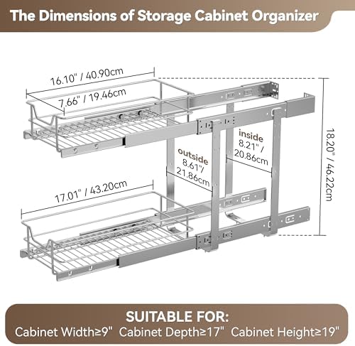 2 Tier Pull Out Cabinet Organizer 9" W X 17" D, Chromed, Full Slide Out - Image 2