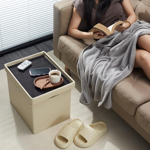 AmasSmile Ottoman with Storage,16" Folding Leather Foot Rest Chest,Beige - Image 2