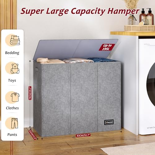 195L Laundry Hamper 3 Section,Large Laundry Hamper with Lid,Dirty Clothes Hamper with 3 Inner Bags,Collapsible Laundry Basket Organizer for Laundry Room,Bedroom,Laundry Sorter Hamper 3 Compartment - Image 2