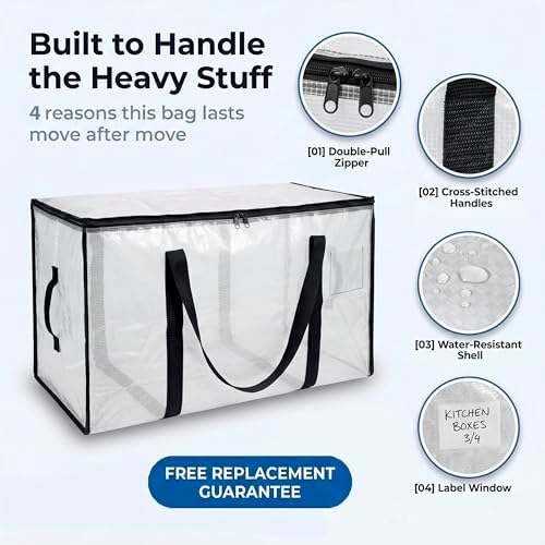 ClearSpace Heavy Duty Moving Bags - Water Resistant Storage Bags with Backpack Straps, Zippers and Handles - Large Moving Boxes for College Dorm, Travel, Closet Organization - 6 Pack, Clear - Image 4