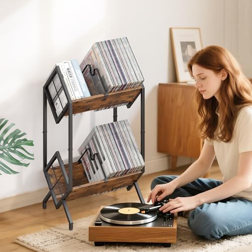 RUILALIFE 2-Tier-Vinyl-Record-Storage-Holder With Dividers, Metal Album storage for vinyl records display Shelf, Vintage 160-200 LP Storage Shelf Stand - Image 2