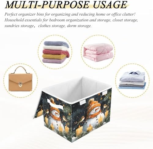 Watercolor Snowman Storage Bins with Lids and Carrying Handle,Foldable Storage Boxes Organizer Containers Baskets Cube with Cover for Home Bedroom Closet Office Nursery - Image 7