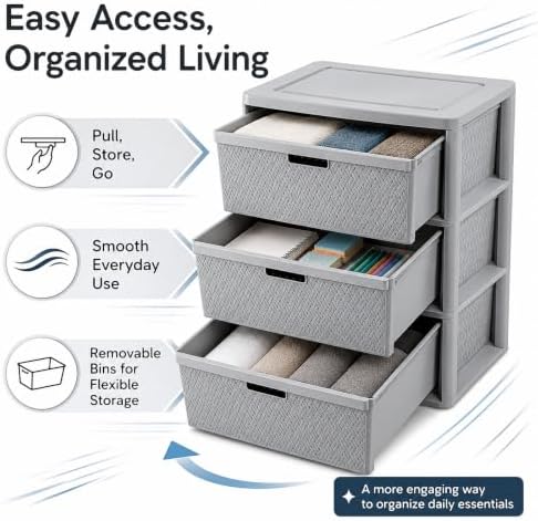 Wide 3-Drawer Plastic Storage Tower, Cross-Weave Floor Cabinet, Gray - Image 5