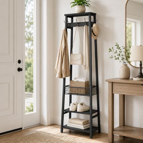 Coat Rack with Metal Basket and Storage Shelves - Image 6