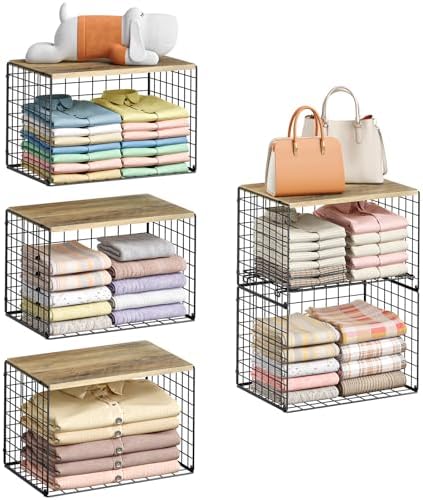 5-Tier Large Stackable Closet Organizer and Storage Basket, Sturdy Closet Shelf Organizer with Wood Top, Stackable Storage Bins Cubes for Clothes with Adjustable Shelf for Wardrobe Organization by Hencawima