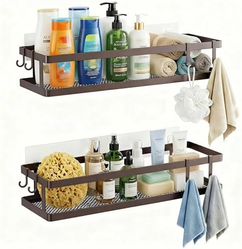 PUSDON 2-Pack 16.5" Extra Long Slim Shower Caddy, Adhesive Wall Mount Bathroom Organizer, Rustproof Open Frame Mesh Spice Rack for Kitchen, Holds 50LBS - Vintage Bronze, Guardrail by PUSDON