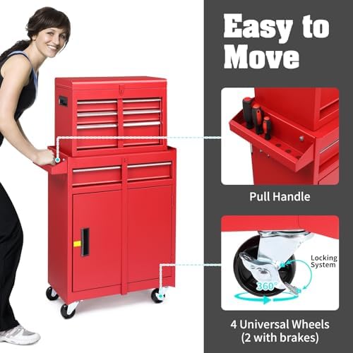 Winado 4-Drawer Rolling Tool Chest, 2-in-1 Large Storage Toolbox, Red - Image 3