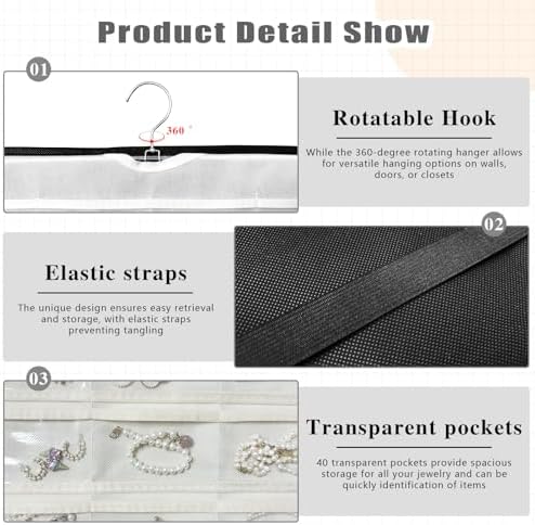 Hanging Jewelry Organizer for Necklaces Earrings, 1-Pack, Black and White - Image 4
