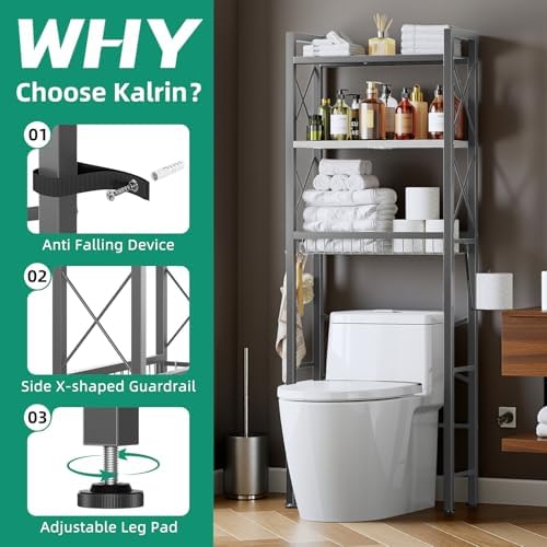 Kalrin Over The Toilet Storage with X Shape Side Guardrail, 3-Tier Over Toilet Storage Rack with Drain Basket, Freestanding Bathroom Organizer for Balcony Laundry, Grey-White - Image 4