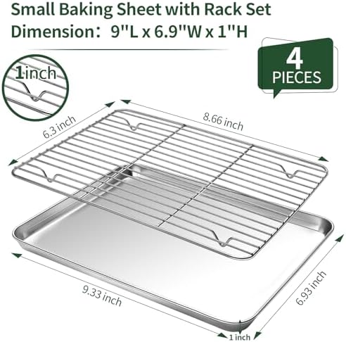 Small Baking Sheet with Cooling Rack Set [2 Baking Pans + 2 Wire Racks], CEKEE Stainless Steel Cookie Sheets for Baking, Heavy Duty & Dishwasher Safe Baking Sheets for Oven, Size 9 x 7 x 1 Inch - Image 2