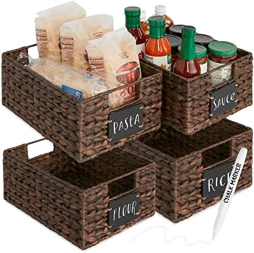 Best Choice Products Set of 4 9x12in Water Hyacinth Pantry Baskets, Woven Organizers w/Chalkboard Label, Chalk Marker - Brown by BestChoiceProducts
