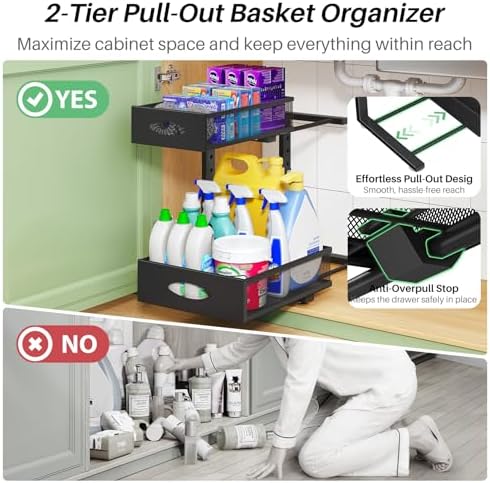 Under Sink Organizer, 1-Pack Pull Out Cabinet Organizer 2 Tier Metal Slide Out Storage Shelf Rack, L-Shaped Adjustable Height,Mesh Sliding Drawer for Kitchen, Bathroom, Laundry, Pantry, Black, XL - Image 4
