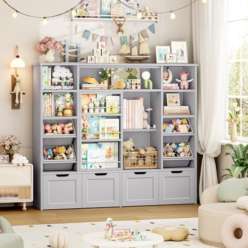 FINETONES Toy Storage with Sliding Bookshelf, Toy Organizer with 4 Bins - Image 3